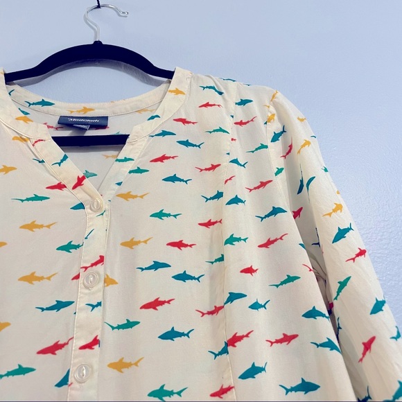 Modcloth Tops - Modcloth Cream Blouse with Teal, Red, and Yellow Shark Print